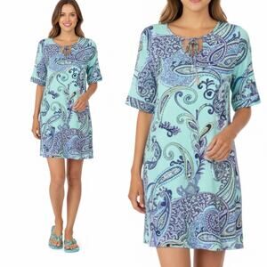 Ellen Tracy Dress Women's Size L Turquoise Blue Paisley Print Short Sleeve Mini